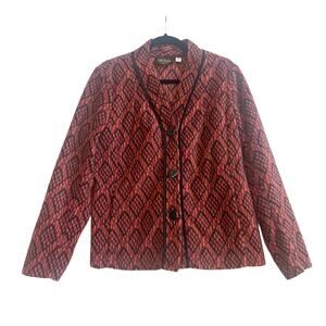 Bob Mackie Wearable Art Orange and Black Boho Print Button Down Fleece Jacket
